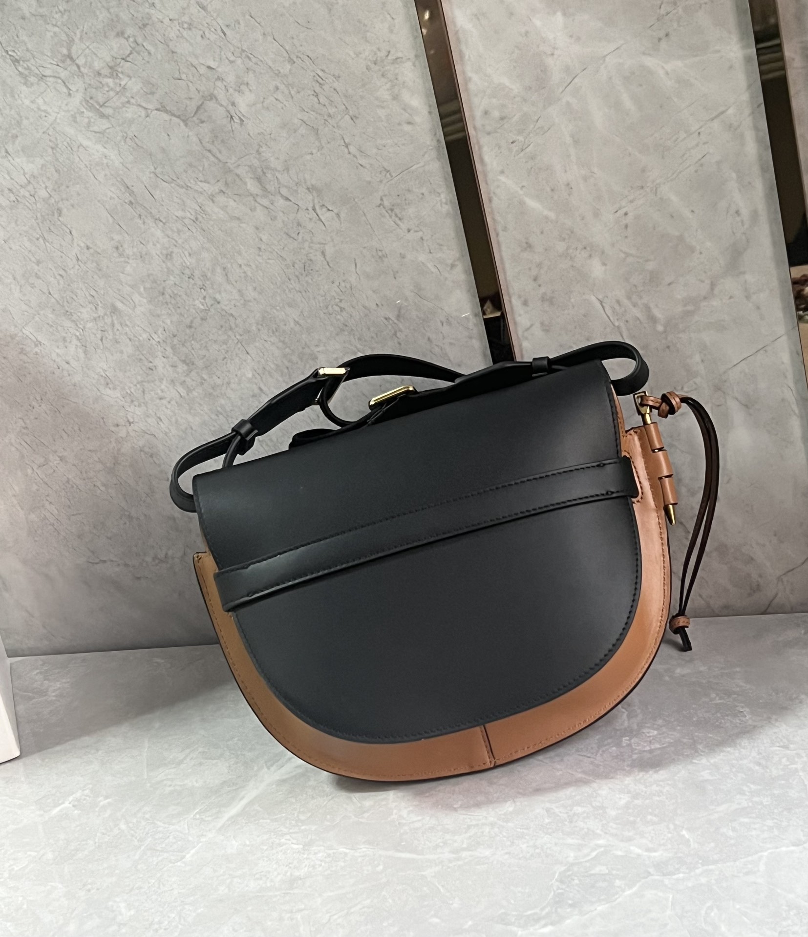 Loewe Small Gate Dual Bag in Soft Calfskin and Jacquard Black/Brown